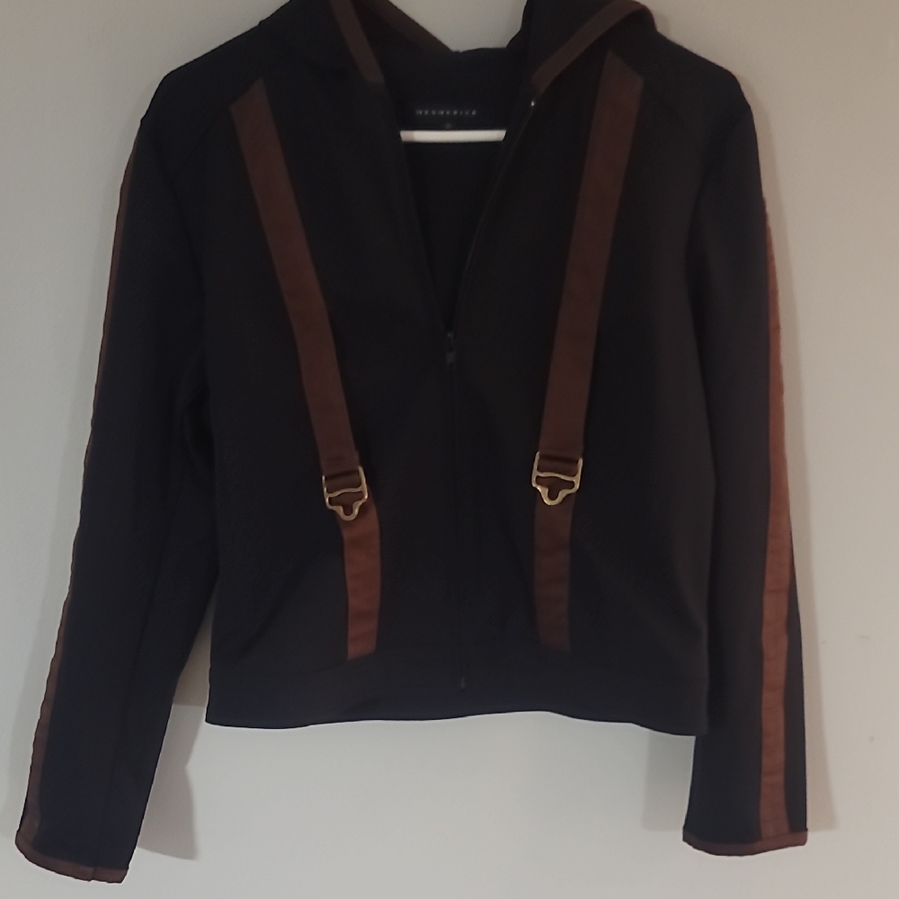Women's Black Bomber Jacket with Brown Trim and Hood